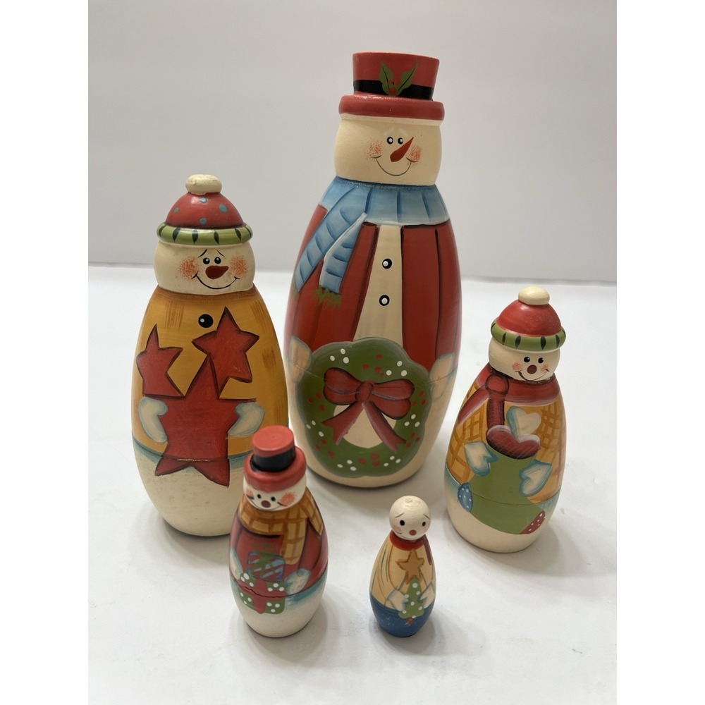 Vtg Nesting Dolls Vintage Wooden Snowman Family Set Of 5 Graduated Sizes